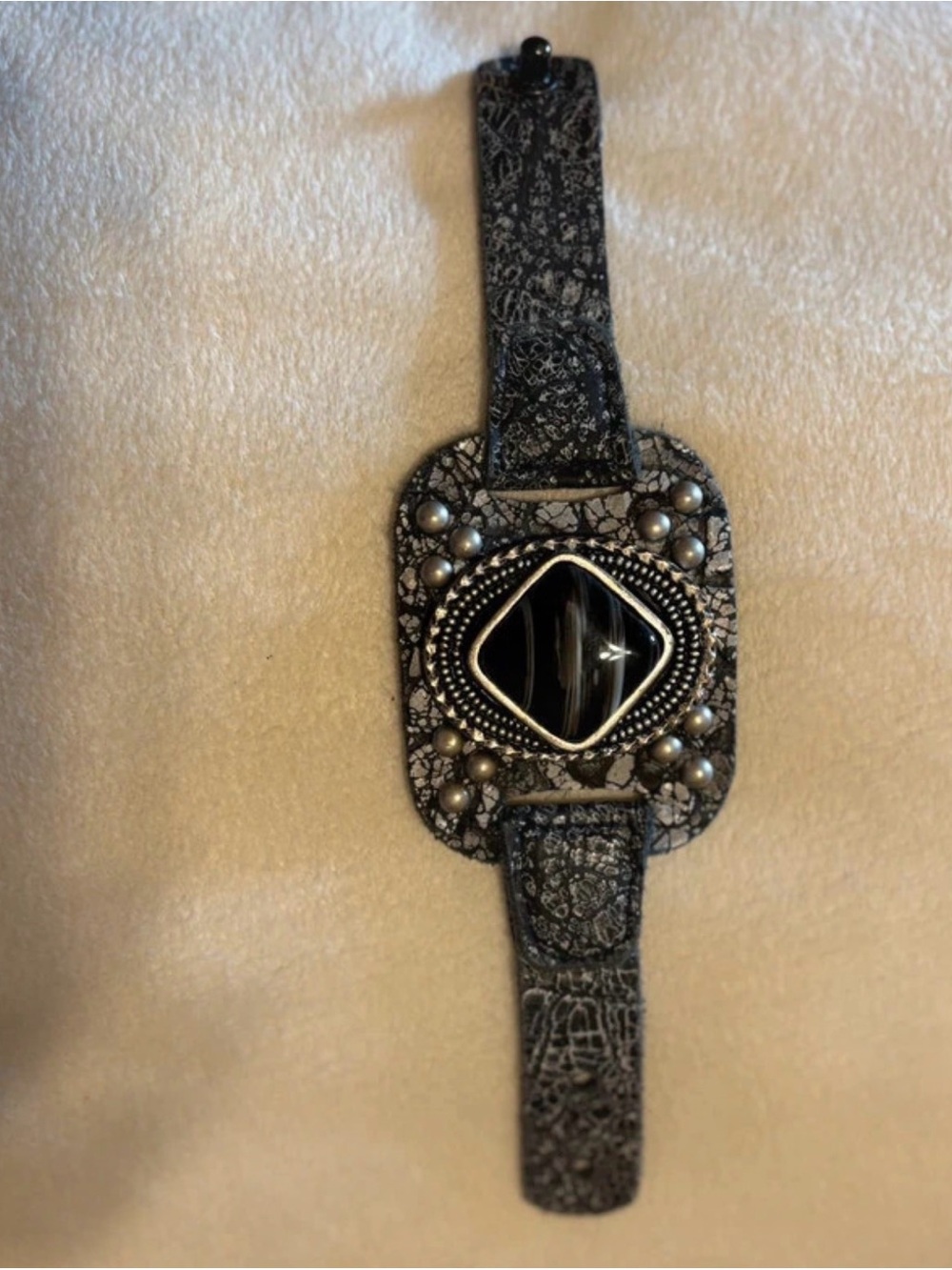 Leatherock Black and Silver Embellished Leather Cuff Bracelet
